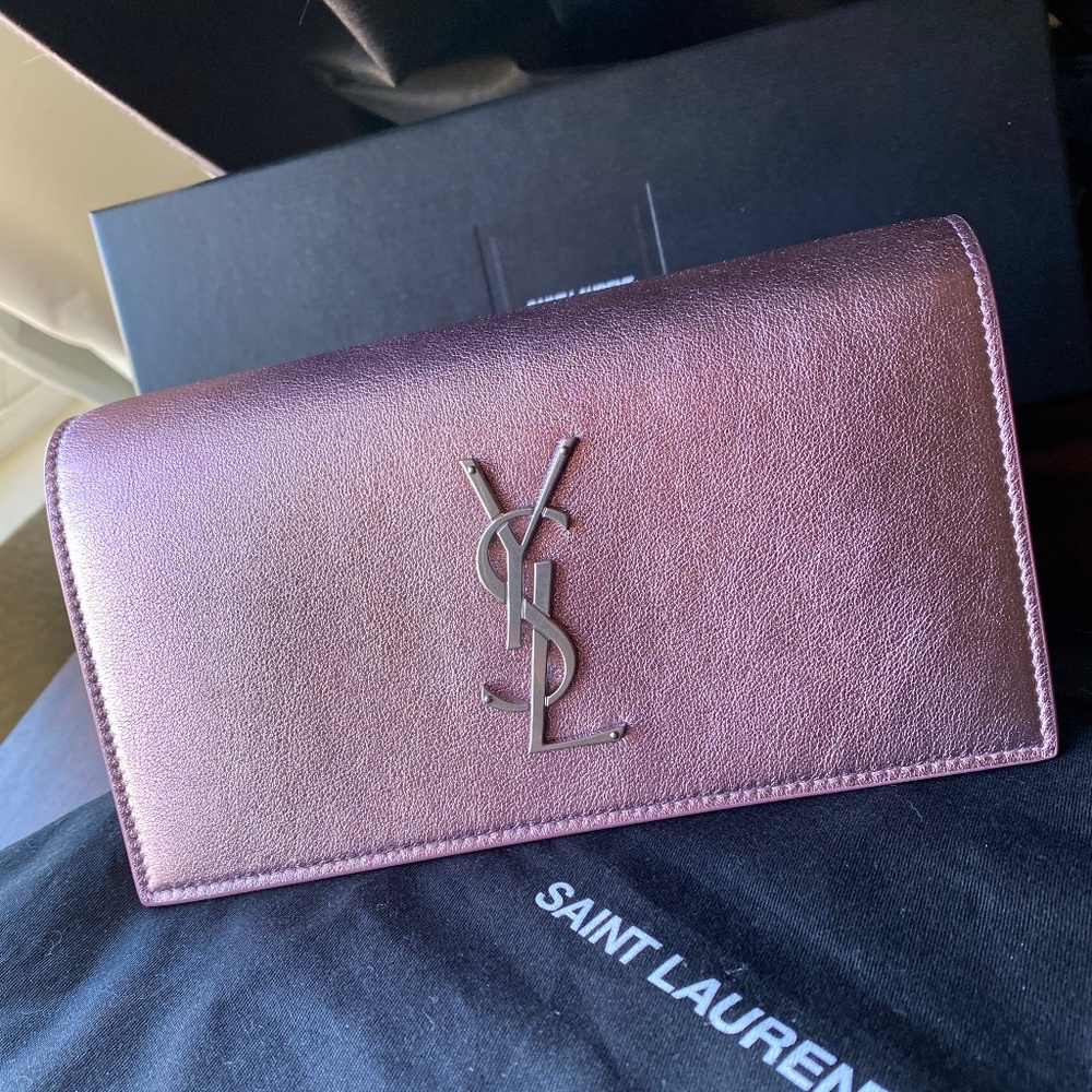 New Saint Laurent 'OR Rose' Cassandre Metallized Leather Clutch/Wallet